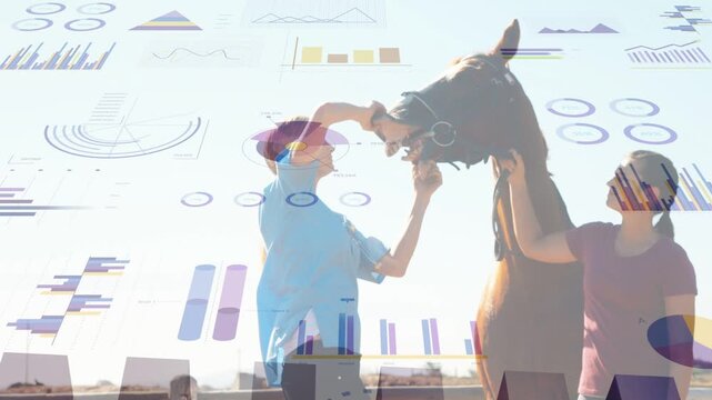 Woman raising arm adjusting bridle to calm horse while partner steadying, tech charts overlaying