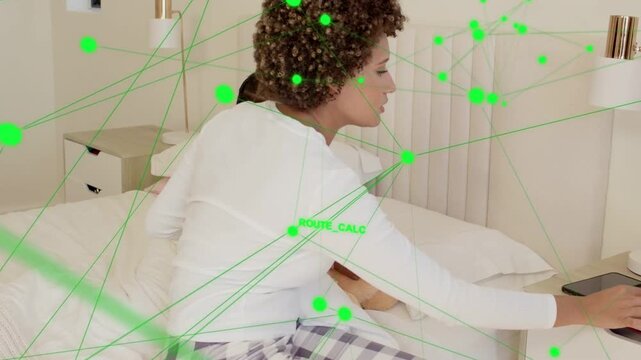 Mom checking kid temp for health with thermometer on bed causing ROUTE_CALC tapping phone holding