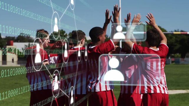 As binary UI sliding in, teen male soccer team forming huddle to rally pregame, avatars aligning