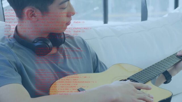 Teen player sitting testing frets and playing guitar for music, red overlay covering right frame