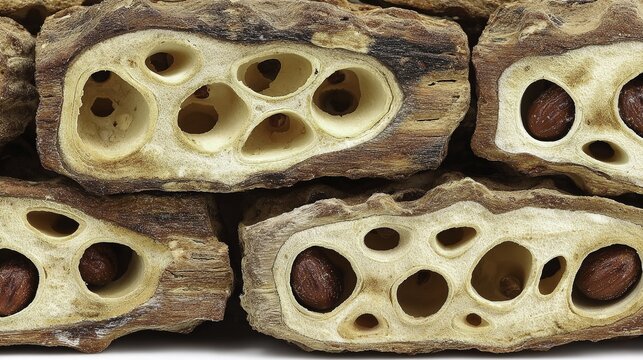 Cross-section of dried lotus seed pods showing hollow chambers and seeds