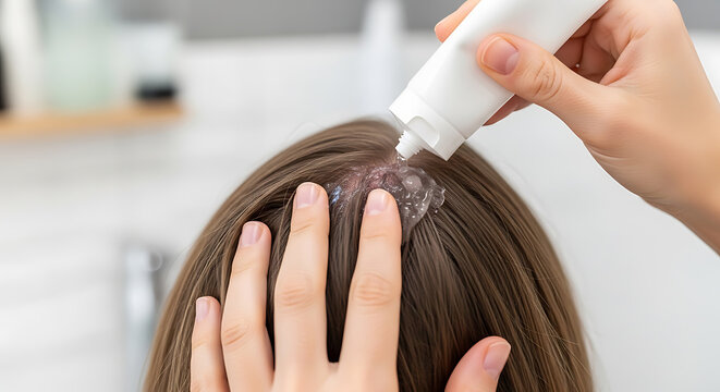 Close-up of a person applying a scalp treatment product to their hair.