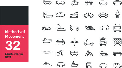Methods of transportation icons, 32 travel symbols © NahidaAkter