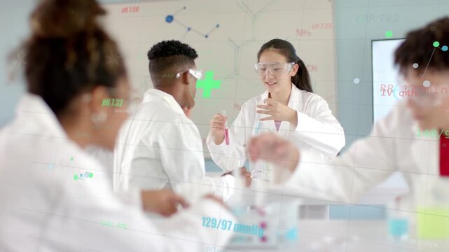 Female student lifting pink test tube, male taking it in lab, overlays showing pH and molecules
