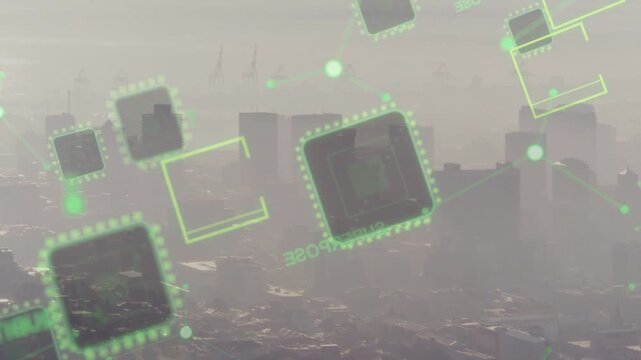 Small squares entering top forming neon chip cluster rotating pulsing mapping nodes over hazy city