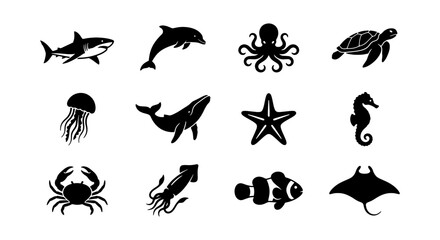 Marine Life Icons Set: Diverse Ocean Creatures Vector Collection, Nautical Silhouettes for Aquatic Themes © Saifur