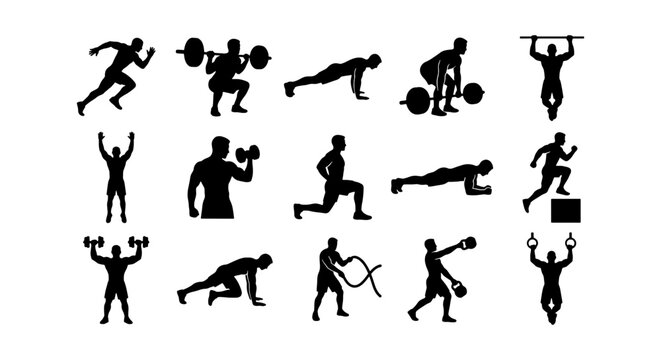 Fitness Silhouette Icons Set: Strength Training, Cardio, and Bodyweight Exercises Vector Collection for Health and Wellness Graphics