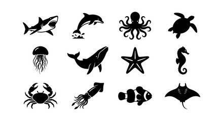 Marine Life Icons Set, Ocean Creatures Vector Graphics, Nautical Animal Silhouettes, Underwater Wildlife Collection © Salman