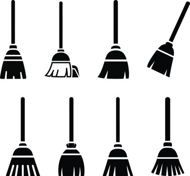 set of vector silhouettes of a mop