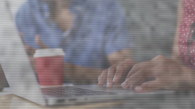 Red woman typing on laptop causing blue-peer leaning reading biz brief with phone cup scanline haze