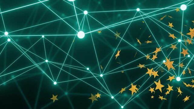 Glowing teal mesh pulsing moving as golden stars entering from right swirling hubs creating depth