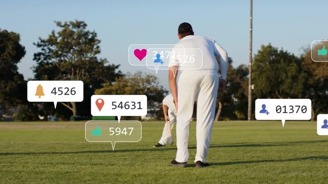 Cricket players on delivery, fielders diving to secure ball stopping runs, icons floating over them