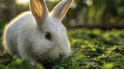 Obraz premium White rabbit sitting in green grass, close-up view in natural outdoor setting