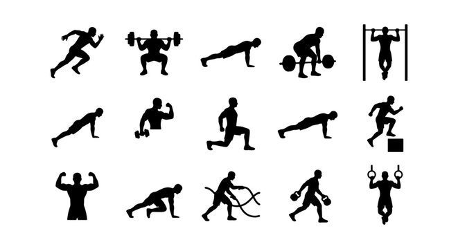 Fitness Icons Set, Silhouette Workout Graphics, Gym Exercise Vector Collection, Strength Training and Cardio Movements
