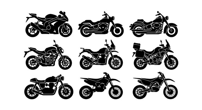 Diverse Motorcycle Collection, Vector Icons Set: Sportbike, Cruiser, Adventure, Cafe Racer, Dirt Bike Styles, Black Silhouettes on White Background