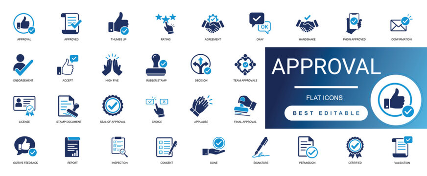 approval icon set. agreement, success, compliance, verified, checkmark, document, quality, certificate, authorization, choice. editable  solid vector illustration pack.