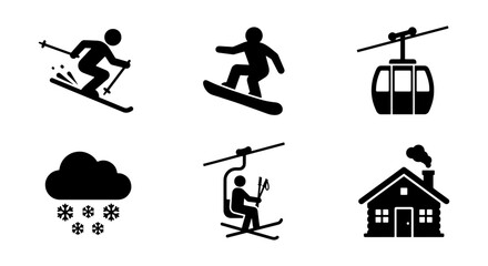Winter Sports Icons Set, Skiing and Snowboarding Graphics, Cable Car and Cabin Vector Illustrations, Snowfall and Mountain Lodge Symbols © Salman