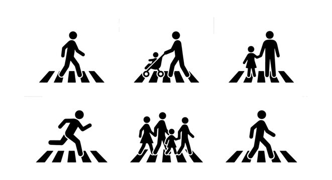 Pedestrian Crossing Icons: Diverse Figures on Zebra Stripes, Safety Symbols for Traffic and Urban Navigation, Vector Graphics
