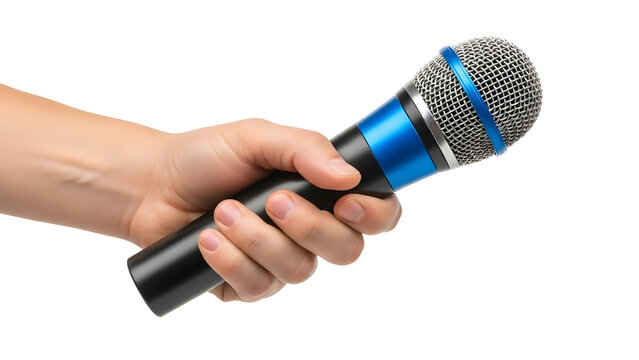 A hand holding a microphone with a blue and silver design against a white background