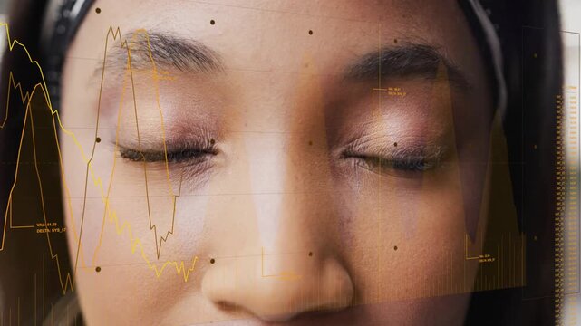 Woman wearing headphones opening eyes, tracking dots and graphs shifting across face for biometrics