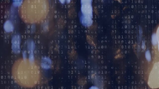 As blue tones intensifying, binary columns scrolling and flickering over bokeh, showing data flow