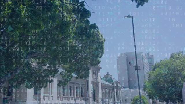 Binary overlay starting frame one, scrolling and shifting over classical building showing data flow