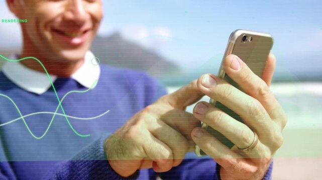 mature man bringing smartphone close and tapping screen at beach, viewing wavy green tech overlays