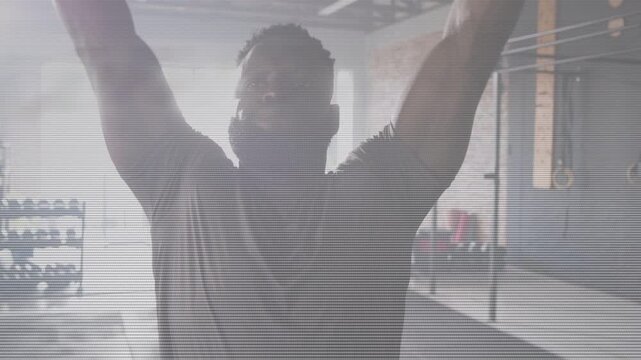 Man gripping bar bracing pressing overhead then lowering in gym, animated lines building strength