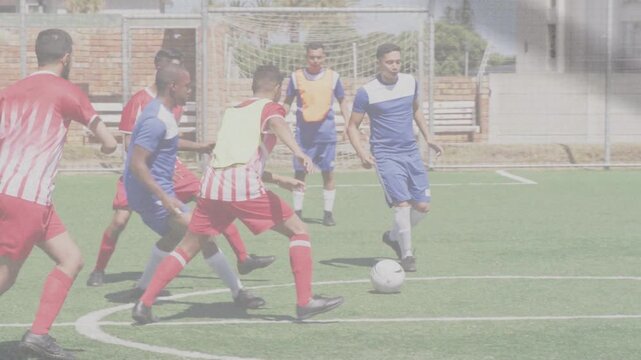 Blue player holding ball center, red pressing, regaining possession and dribbling forward in soccer