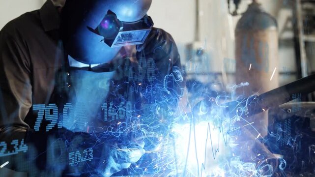 Welder bringing torch to pipe, initiating blue arc, joining pipe seam in shop, overlaying over weld