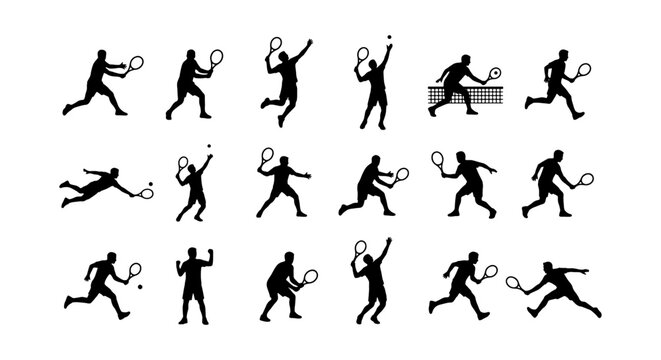Tennis Player Silhouette Collection, Dynamic Action Poses Vector Set, Sports Athlete Movement Graphics, Professional Game Illustration