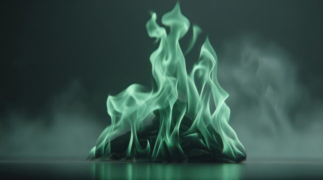 Vibrant green flame against a dark background with smoke and reflection