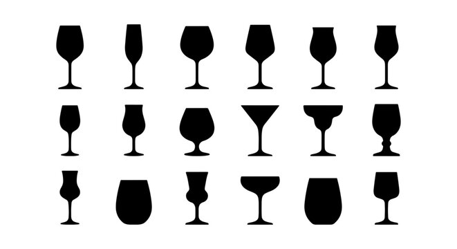 Diverse Collection of 20 Silhouette Drinkware Icons, Barware Glassware Vector Set for Beverage and Hospitality Design