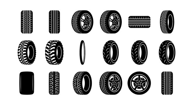 Collection of 20 Black and White Vector Tire and Wheel Icons, Automotive Parts and Vehicle Components for Transportation and Service Industries