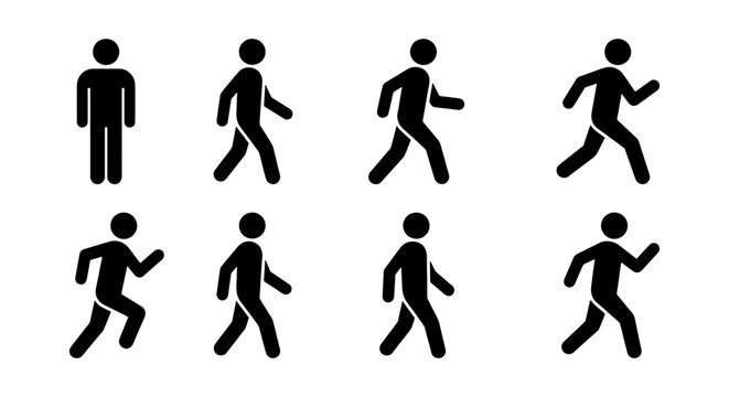 Human Figure Motion Sequence, Walking and Running Icons Set, Silhouette Animation Frames, Simple Pictogram People Movement