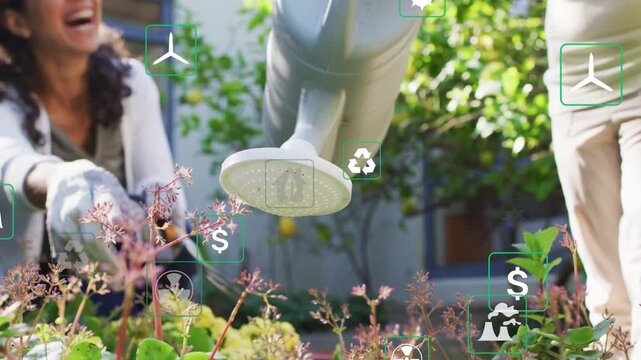 Girl tipping watering can to water plants, woman tending garden, eco icons highlighting drops