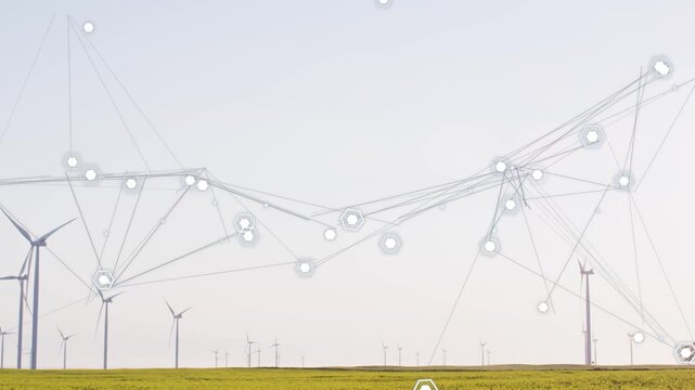 On start web forming above wind farm, nodes pulsing and linking, frame panning left, showing links