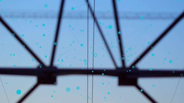 Zooming out, cyan dots forming and spreading while tower revealing lines, showing sunrise corridor
