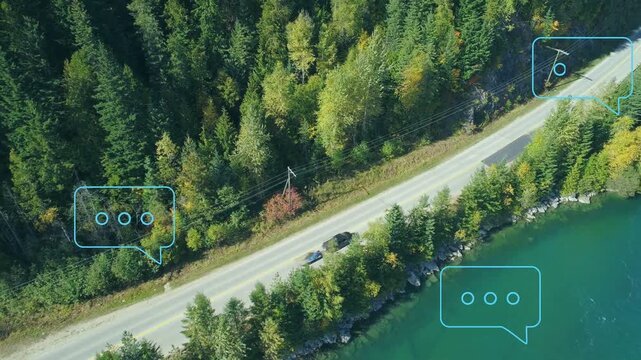 Speech bubbles popping up, dark vehicle traveling westward along lake road, showing message flow