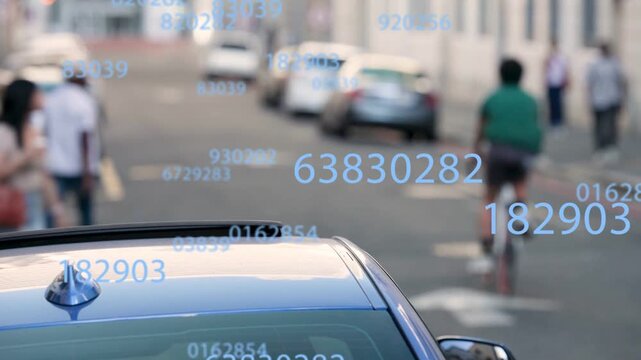 Blue car roof anchoring frame, data streaming blue digits moving for traffic data obscuring people