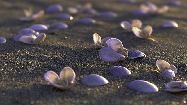 Seashells scattered on sandy beach at low tide under soft lighting