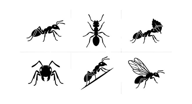 Six Black Ant Icons, Insect Vector Silhouettes, Small Bug Graphics, Wildlife and Nature Elements, Minimalist Arthropod Illustrations