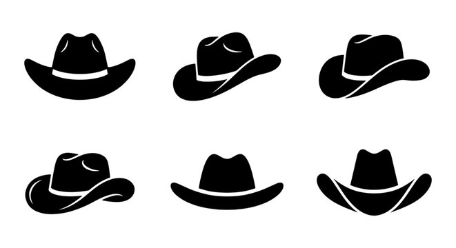 Cowboy Hat Icons, Western Headwear Silhouettes, American Frontier Style Vector Collection, Rodeo Apparel Graphics
