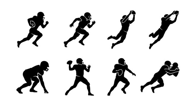 American Football Player Silhouettes, Dynamic Action Poses, Sports Vector Icons for Game Graphics and Athletic Design