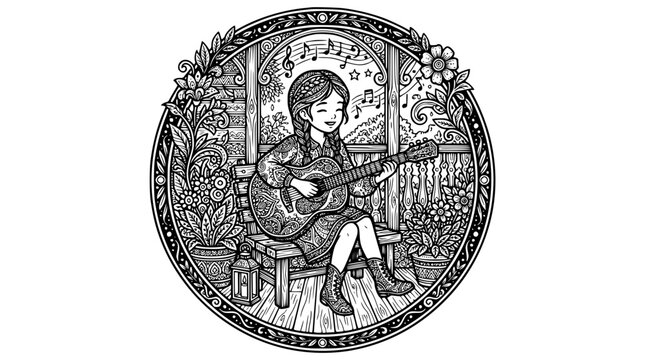 Girl with guitar porch emblem coloring page zentangle music lifestyle antistress sketch vector illustration