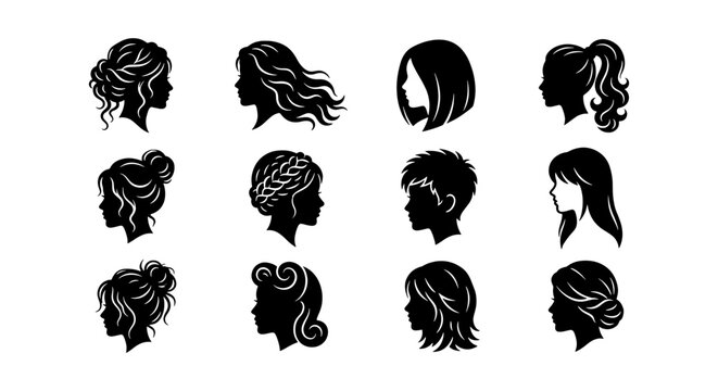 Diverse Female Hairstyles Silhouettes Collection, 12 Vector Icons for Beauty and Fashion Graphics, Elegant Women Hair Styles