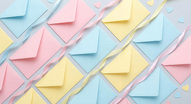 Colorful pastel envelopes arranged in pattern perfect for beautiful mail communication and greeting designs