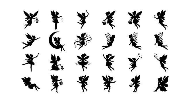Whimsical Fairy Silhouettes Collection, 25 Enchanting Mythical Creature Vector Icons for Fantasy Designs, Magical Sprites and Elves