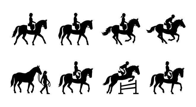 Equestrian Silhouettes: Horse Riding Icons, Jumping, and Training Poses, Vector Set for Sport and Lifestyle Graphics