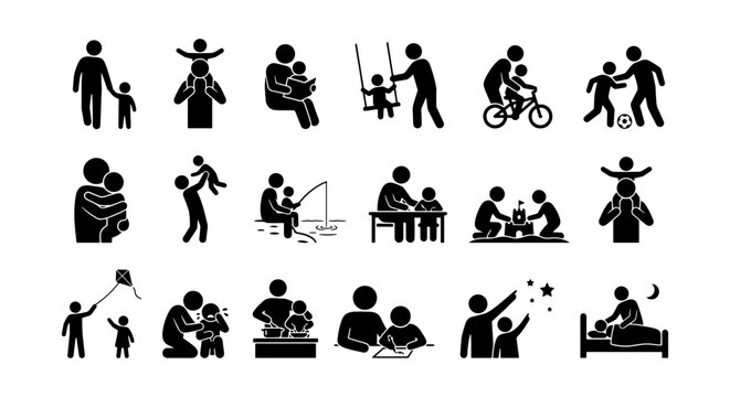 Father and Child Icon Set: Diverse Family Activities, Parenting Moments, Childhood Play, Love, Support, Bonding, Simple Black and White Vector Graphics